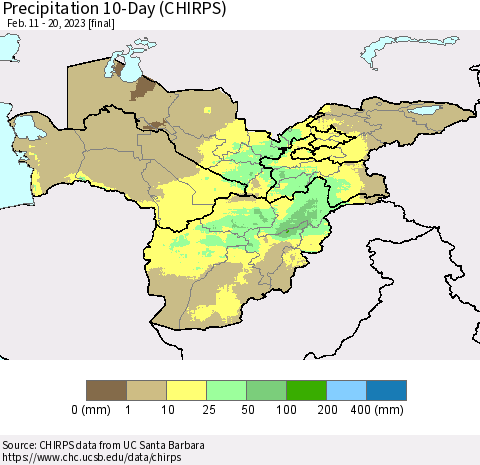 Central Asia Precipitation 10-Day (CHIRPS) Thematic Map For 2/11/2023 - 2/20/2023