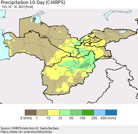 Central Asia Precipitation 10-Day (CHIRPS) Thematic Map For 2/16/2023 - 2/25/2023