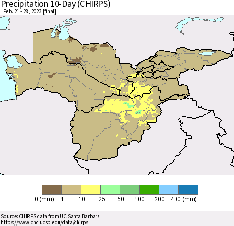 Central Asia Precipitation 10-Day (CHIRPS) Thematic Map For 2/21/2023 - 2/28/2023