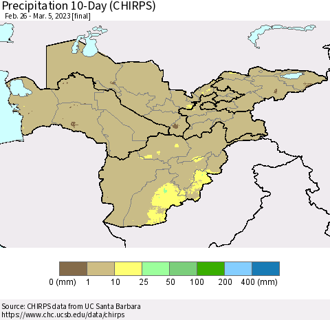 Central Asia Precipitation 10-Day (CHIRPS) Thematic Map For 2/26/2023 - 3/5/2023