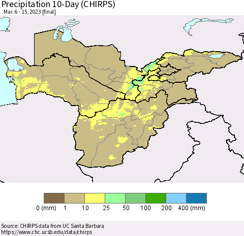 Central Asia Precipitation 10-Day (CHIRPS) Thematic Map For 3/6/2023 - 3/15/2023