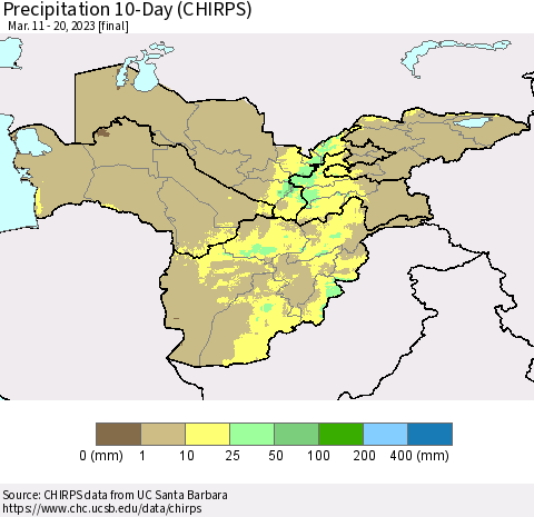 Central Asia Precipitation 10-Day (CHIRPS) Thematic Map For 3/11/2023 - 3/20/2023