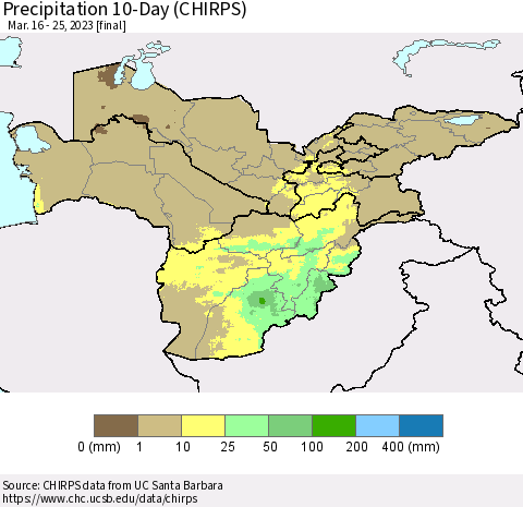 Central Asia Precipitation 10-Day (CHIRPS) Thematic Map For 3/16/2023 - 3/25/2023