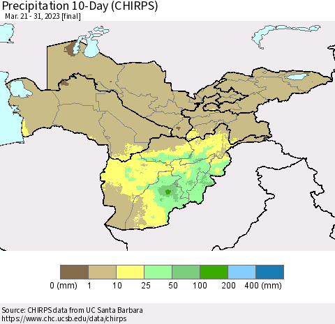 Central Asia Precipitation 10-Day (CHIRPS) Thematic Map For 3/21/2023 - 3/31/2023