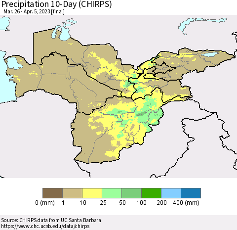 Central Asia Precipitation 10-Day (CHIRPS) Thematic Map For 3/26/2023 - 4/5/2023
