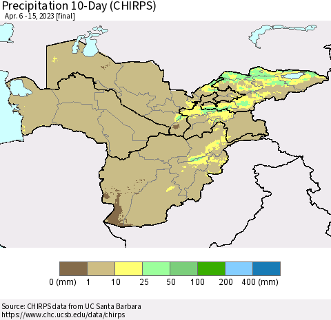 Central Asia Precipitation 10-Day (CHIRPS) Thematic Map For 4/6/2023 - 4/15/2023
