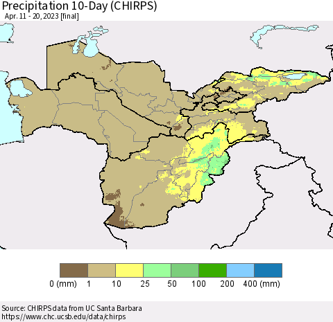 Central Asia Precipitation 10-Day (CHIRPS) Thematic Map For 4/11/2023 - 4/20/2023