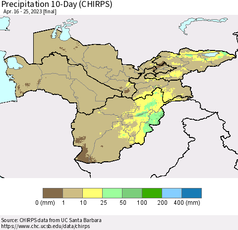 Central Asia Precipitation 10-Day (CHIRPS) Thematic Map For 4/16/2023 - 4/25/2023