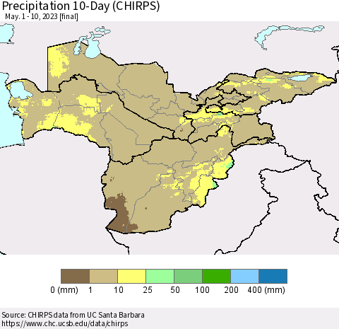 Central Asia Precipitation 10-Day (CHIRPS) Thematic Map For 5/1/2023 - 5/10/2023