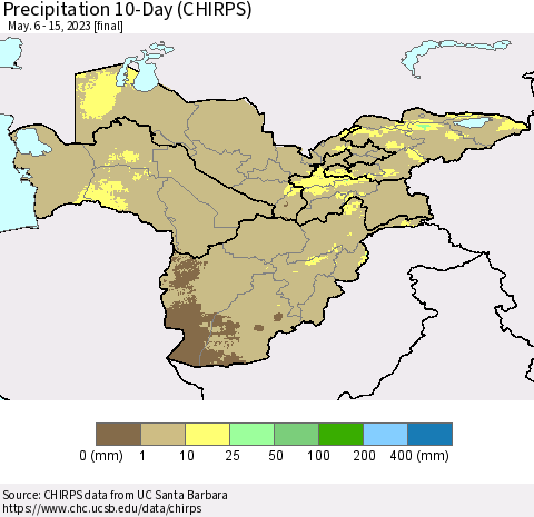 Central Asia Precipitation 10-Day (CHIRPS) Thematic Map For 5/6/2023 - 5/15/2023