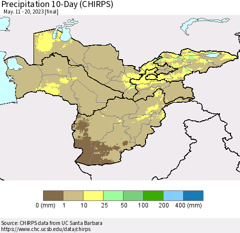 Central Asia Precipitation 10-Day (CHIRPS) Thematic Map For 5/11/2023 - 5/20/2023