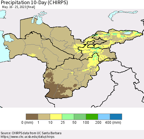 Central Asia Precipitation 10-Day (CHIRPS) Thematic Map For 5/16/2023 - 5/25/2023