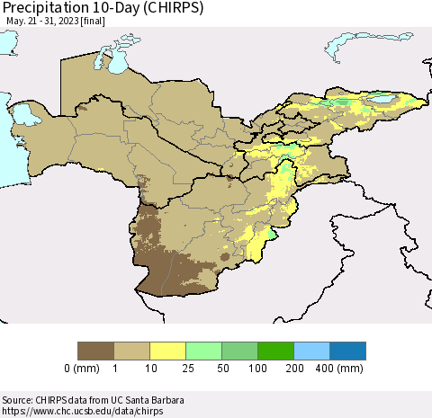 Central Asia Precipitation 10-Day (CHIRPS) Thematic Map For 5/21/2023 - 5/31/2023