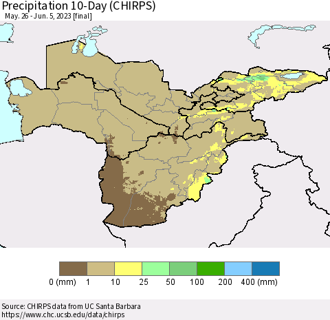 Central Asia Precipitation 10-Day (CHIRPS) Thematic Map For 5/26/2023 - 6/5/2023