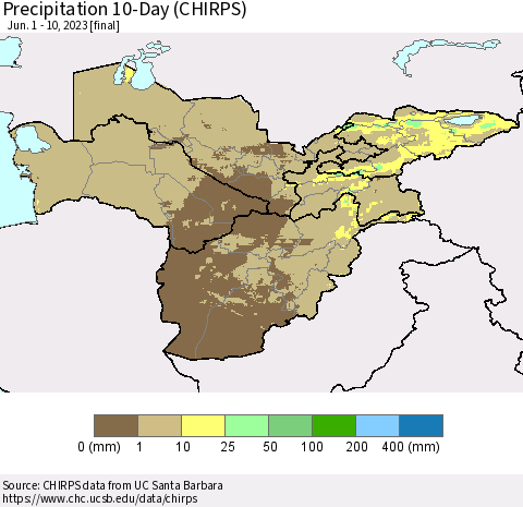 Central Asia Precipitation 10-Day (CHIRPS) Thematic Map For 6/1/2023 - 6/10/2023