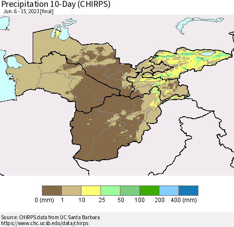 Central Asia Precipitation 10-Day (CHIRPS) Thematic Map For 6/6/2023 - 6/15/2023