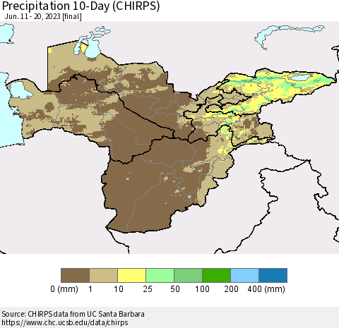 Central Asia Precipitation 10-Day (CHIRPS) Thematic Map For 6/11/2023 - 6/20/2023