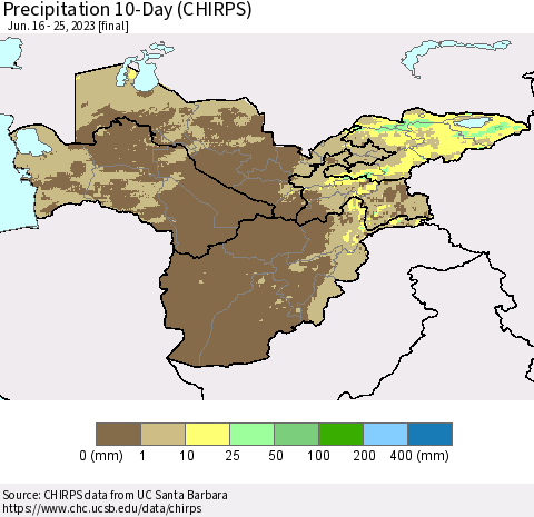 Central Asia Precipitation 10-Day (CHIRPS) Thematic Map For 6/16/2023 - 6/25/2023