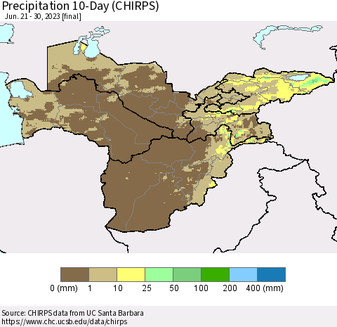 Central Asia Precipitation 10-Day (CHIRPS) Thematic Map For 6/21/2023 - 6/30/2023