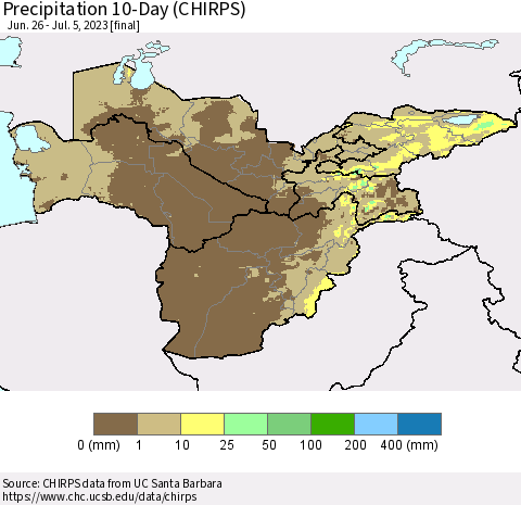 Central Asia Precipitation 10-Day (CHIRPS) Thematic Map For 6/26/2023 - 7/5/2023