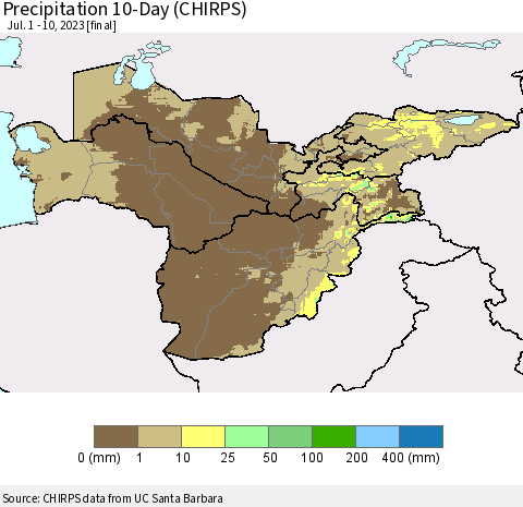 Central Asia Precipitation 10-Day (CHIRPS) Thematic Map For 7/1/2023 - 7/10/2023