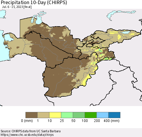 Central Asia Precipitation 10-Day (CHIRPS) Thematic Map For 7/6/2023 - 7/15/2023