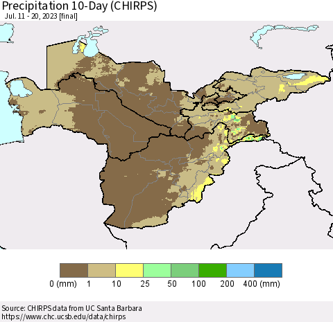 Central Asia Precipitation 10-Day (CHIRPS) Thematic Map For 7/11/2023 - 7/20/2023