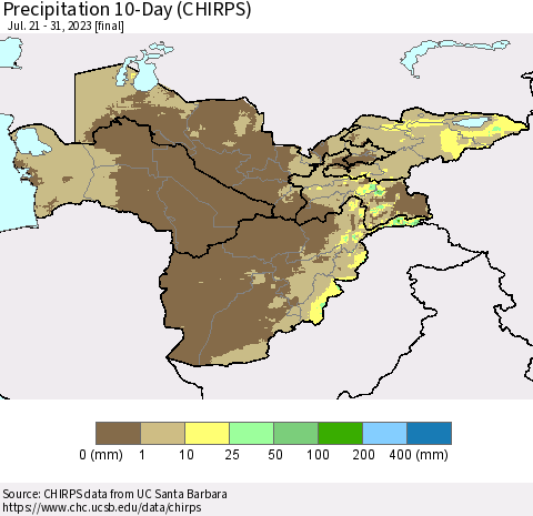 Central Asia Precipitation 10-Day (CHIRPS) Thematic Map For 7/21/2023 - 7/31/2023