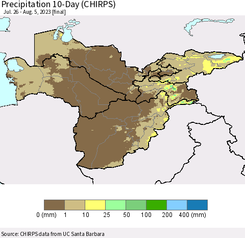 Central Asia Precipitation 10-Day (CHIRPS) Thematic Map For 7/26/2023 - 8/5/2023