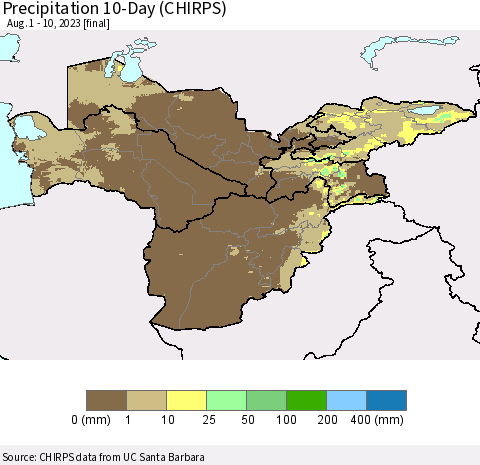 Central Asia Precipitation 10-Day (CHIRPS) Thematic Map For 8/1/2023 - 8/10/2023
