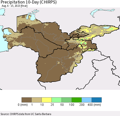 Central Asia Precipitation 10-Day (CHIRPS) Thematic Map For 8/6/2023 - 8/15/2023