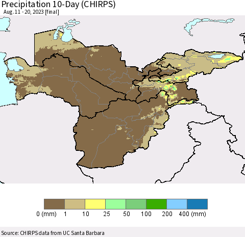 Central Asia Precipitation 10-Day (CHIRPS) Thematic Map For 8/11/2023 - 8/20/2023