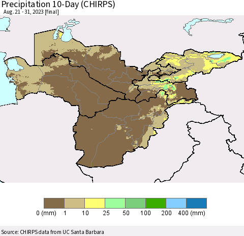 Central Asia Precipitation 10-Day (CHIRPS) Thematic Map For 8/21/2023 - 8/31/2023