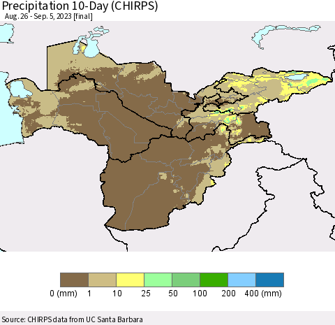Central Asia Precipitation 10-Day (CHIRPS) Thematic Map For 8/26/2023 - 9/5/2023