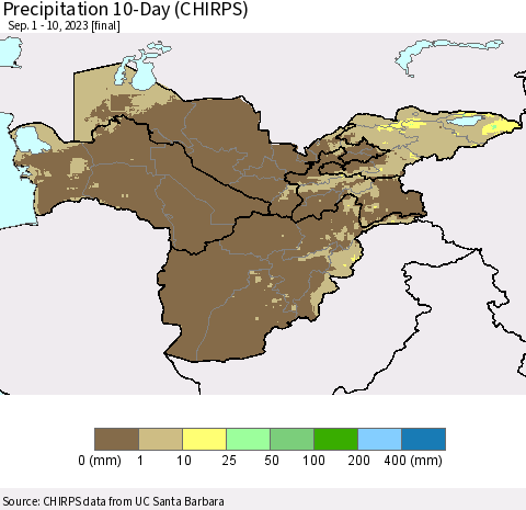 Central Asia Precipitation 10-Day (CHIRPS) Thematic Map For 9/1/2023 - 9/10/2023
