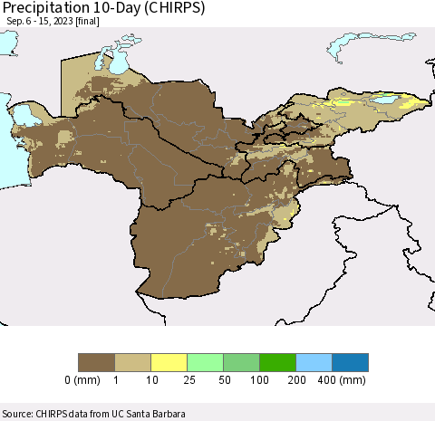 Central Asia Precipitation 10-Day (CHIRPS) Thematic Map For 9/6/2023 - 9/15/2023