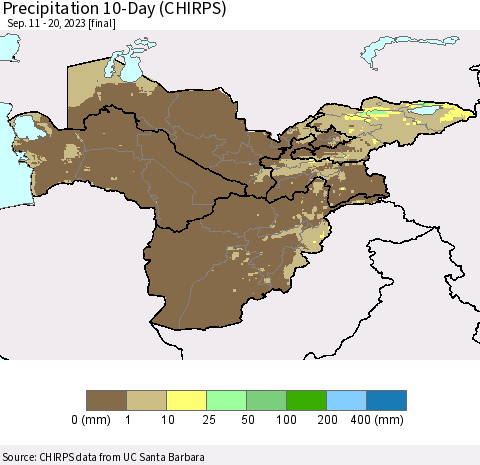 Central Asia Precipitation 10-Day (CHIRPS) Thematic Map For 9/11/2023 - 9/20/2023