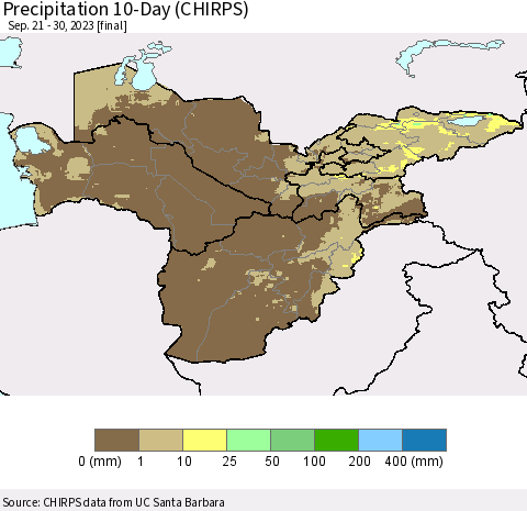 Central Asia Precipitation 10-Day (CHIRPS) Thematic Map For 9/21/2023 - 9/30/2023