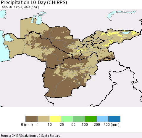 Central Asia Precipitation 10-Day (CHIRPS) Thematic Map For 9/26/2023 - 10/5/2023