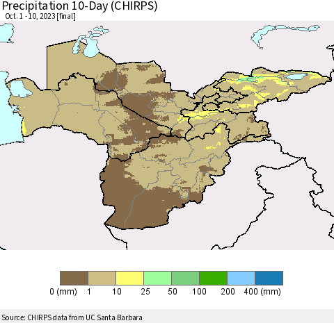 Central Asia Precipitation 10-Day (CHIRPS) Thematic Map For 10/1/2023 - 10/10/2023
