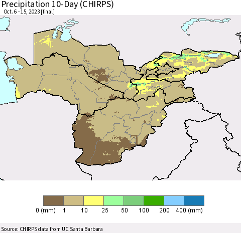 Central Asia Precipitation 10-Day (CHIRPS) Thematic Map For 10/6/2023 - 10/15/2023