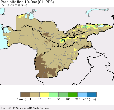 Central Asia Precipitation 10-Day (CHIRPS) Thematic Map For 10/16/2023 - 10/25/2023