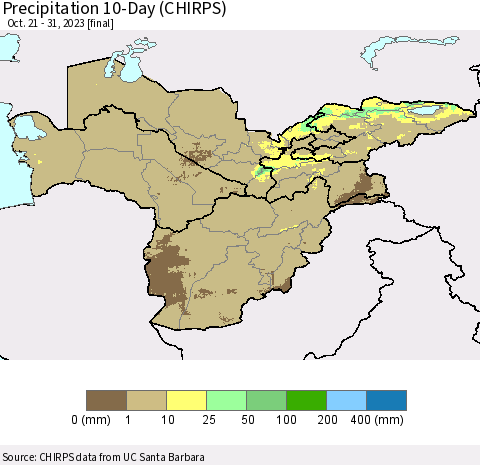Central Asia Precipitation 10-Day (CHIRPS) Thematic Map For 10/21/2023 - 10/31/2023
