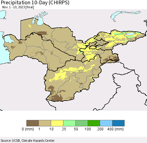 Central Asia Precipitation 10-Day (CHIRPS) Thematic Map For 11/1/2023 - 11/10/2023