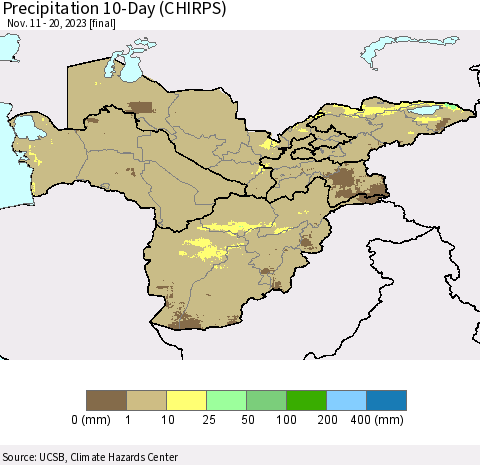 Central Asia Precipitation 10-Day (CHIRPS) Thematic Map For 11/11/2023 - 11/20/2023