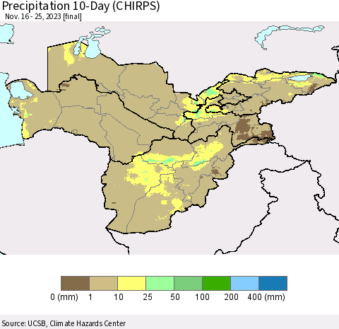 Central Asia Precipitation 10-Day (CHIRPS) Thematic Map For 11/16/2023 - 11/25/2023
