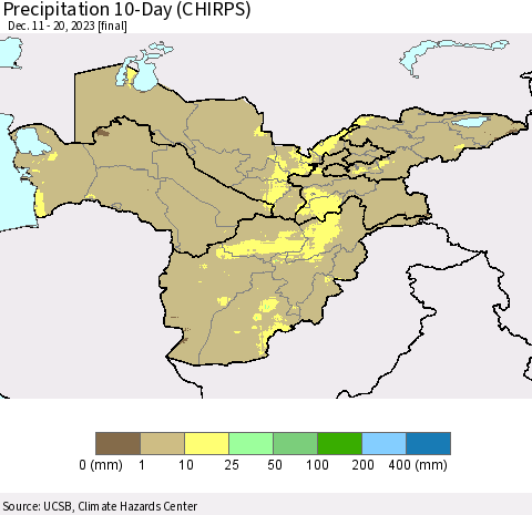 Central Asia Precipitation 10-Day (CHIRPS) Thematic Map For 12/11/2023 - 12/20/2023