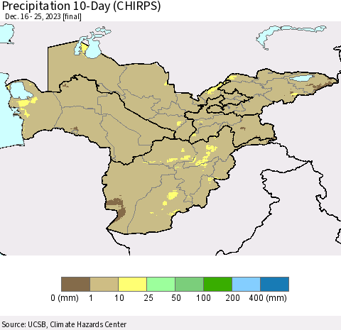 Central Asia Precipitation 10-Day (CHIRPS) Thematic Map For 12/16/2023 - 12/25/2023
