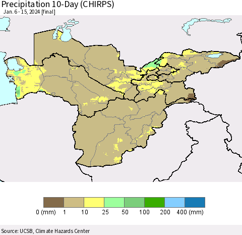 Central Asia Precipitation 10-Day (CHIRPS) Thematic Map For 1/6/2024 - 1/15/2024