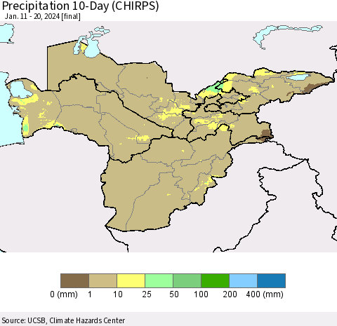 Central Asia Precipitation 10-Day (CHIRPS) Thematic Map For 1/11/2024 - 1/20/2024